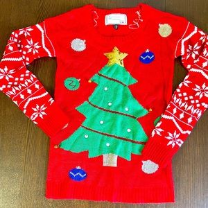 Ugly Christmas sweater with Christmas tree decor, bells and sequins NWOT small